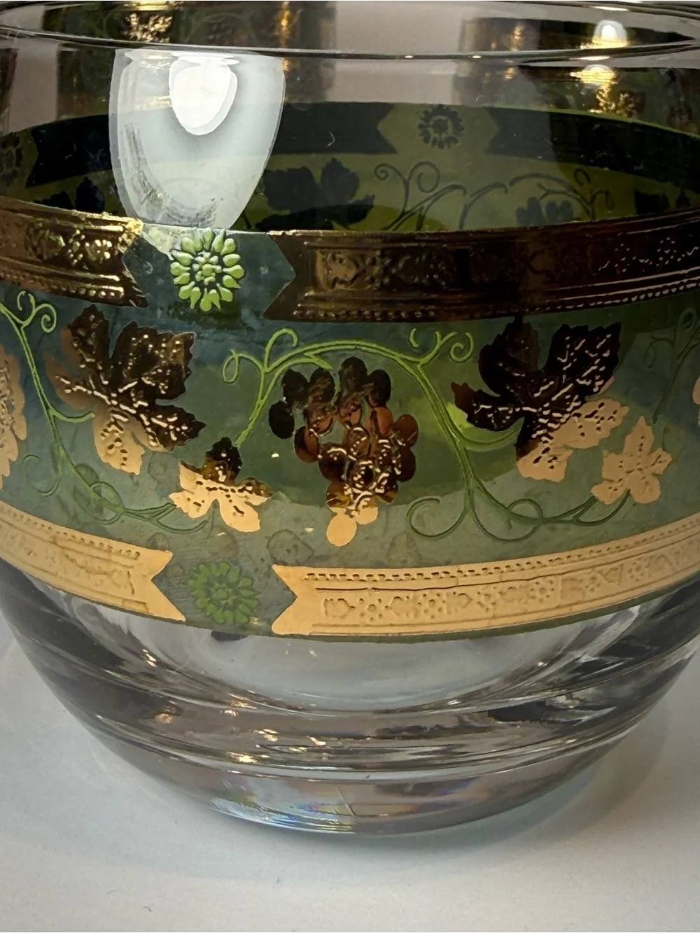 Vintage Green Cera Glass Golden Grapes  Barware Set of 5- MCM